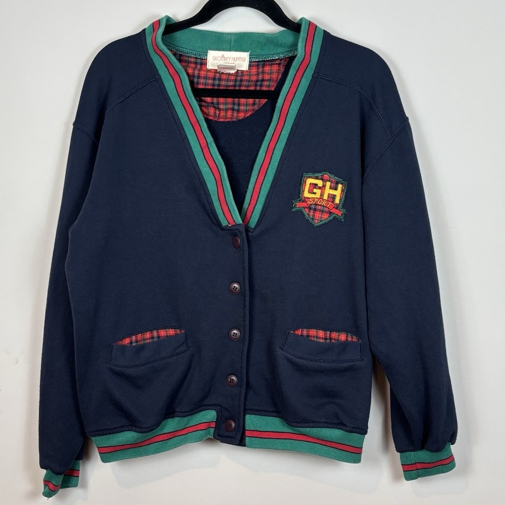 Vintage Geoffrey Hunter Sport Navy Cardigan‎ Mens SZ Medium Dark Academia 90's